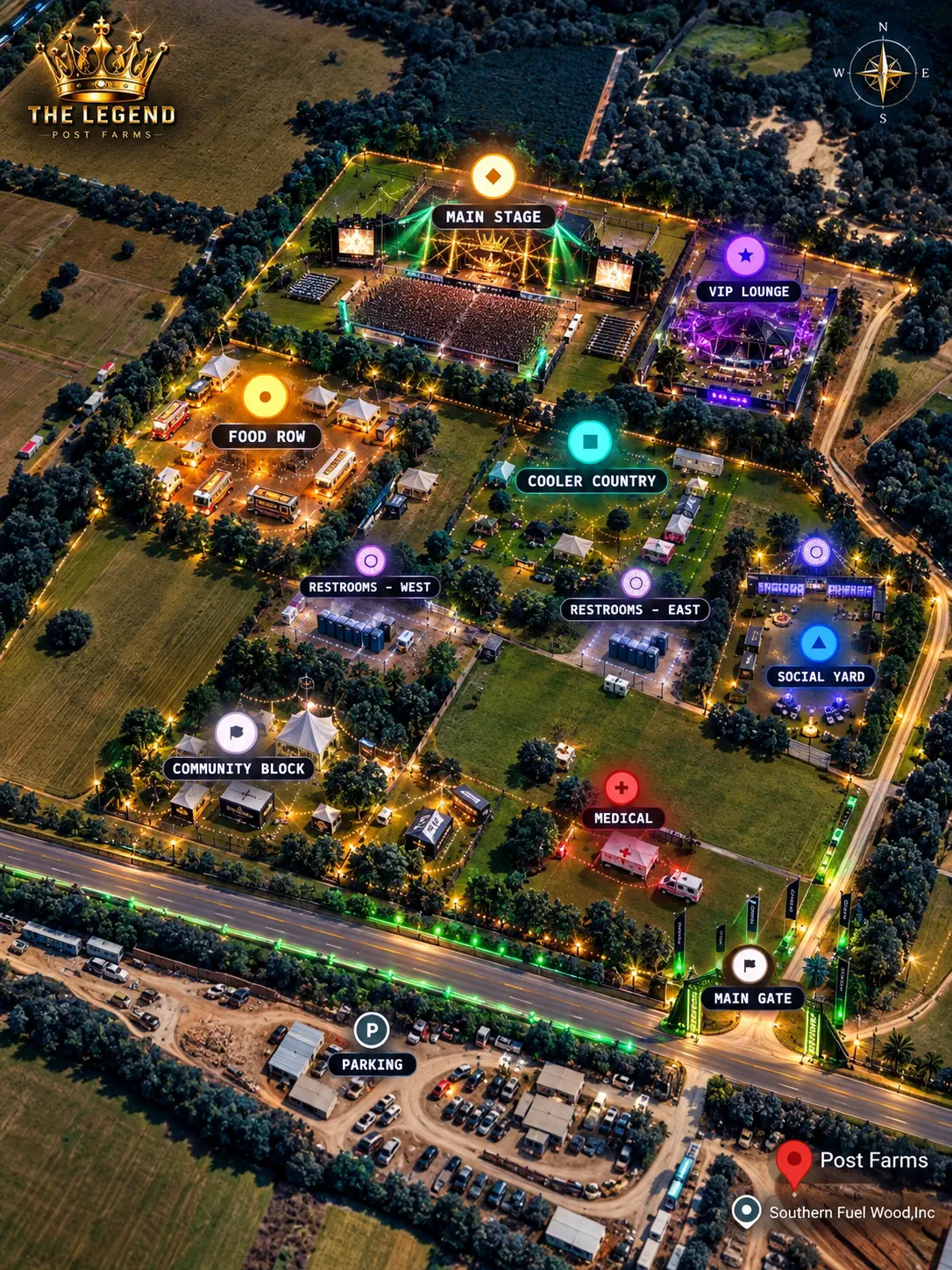 Post Farms from above at night, with the main stage, VIP lounge, Food Row, Cooler Country, the social yard, the community block, restrooms, medical, the main gate and parking marked on the ground